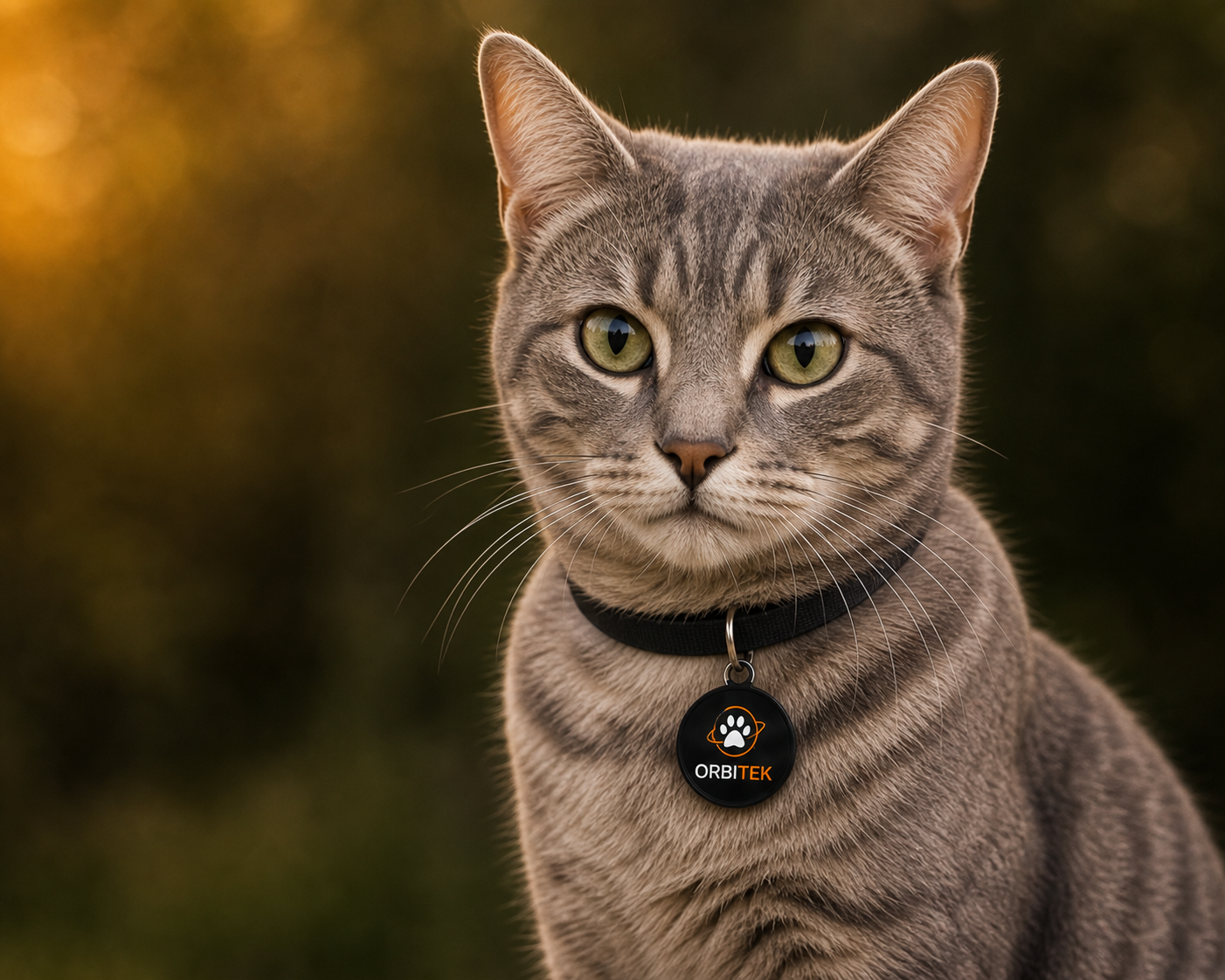 Gato usando coleira e tag Orbitek Pets