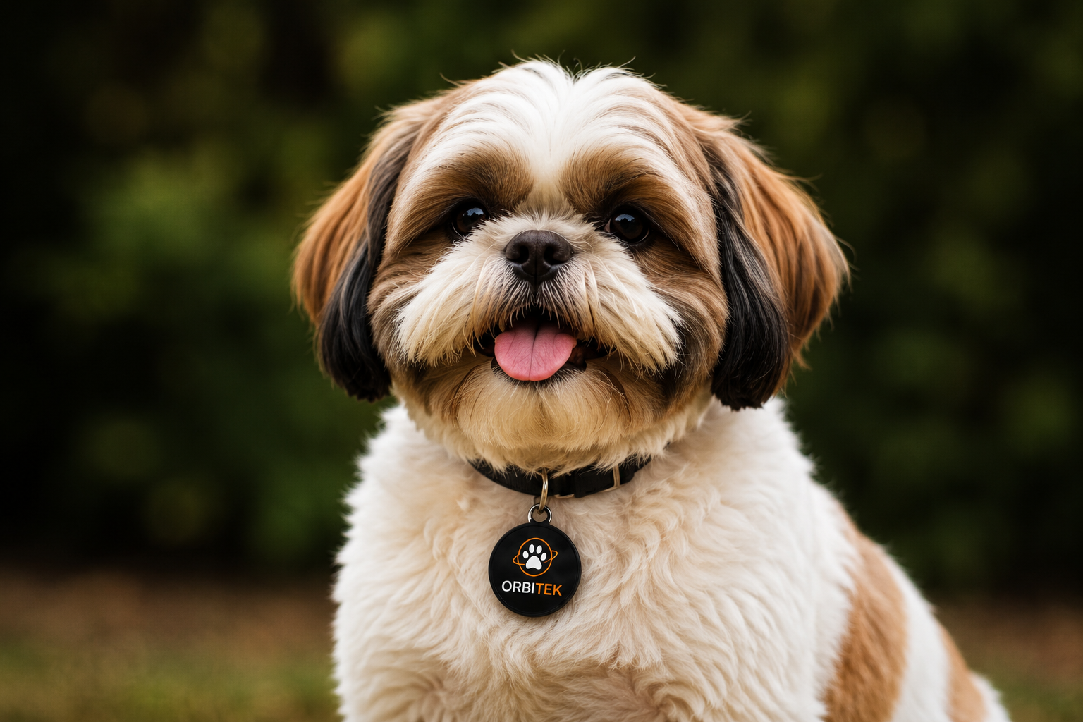 Cachorro de pequeno porte usando coleira e tag Orbitek Pets